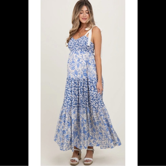 PINKBLUSH | Blue Leaf Print Shoulder Tie Maternity Maxi Dress - Picture 1 of 7